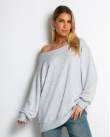Μπλούζα φούτερ αχνούδιαστο oversized με ανοιχτή λαιμόκοψη γκρι μελανζέ