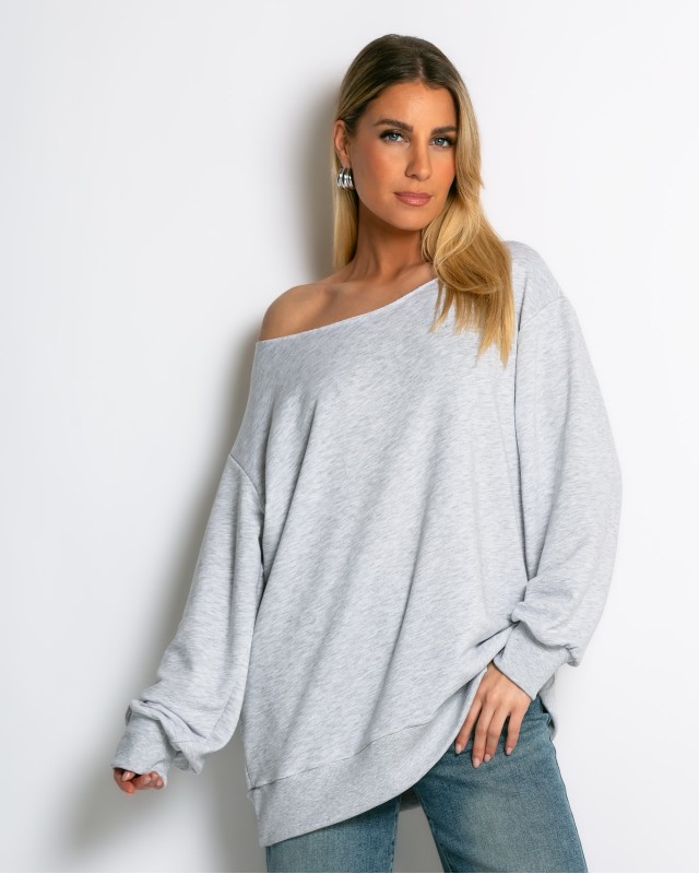 Μπλούζα φούτερ αχνούδιαστο oversized με ανοιχτή λαιμόκοψη γκρι μελανζέ