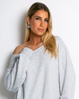 Μπλούζα φούτερ αχνούδιαστο oversized με ανοιχτή λαιμόκοψη γκρι μελανζέ