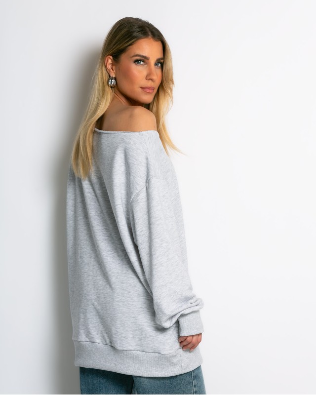 Μπλούζα φούτερ αχνούδιαστο oversized με ανοιχτή λαιμόκοψη γκρι μελανζέ
