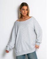 Μπλούζα φούτερ αχνούδιαστο oversized με ανοιχτή λαιμόκοψη γκρι μελανζέ