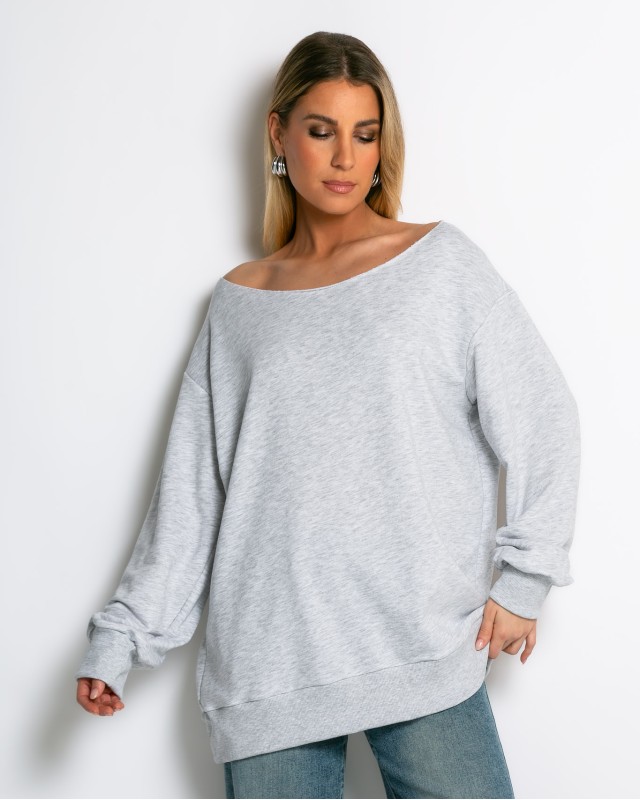 Μπλούζα φούτερ αχνούδιαστο oversized με ανοιχτή λαιμόκοψη γκρι μελανζέ
