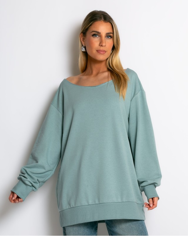 Μπλούζα φούτερ αχνούδιαστο oversized με ανοιχτή λαιμόκοψη σιέλ