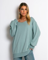 Μπλούζα φούτερ αχνούδιαστο oversized με ανοιχτή λαιμόκοψη σιέλ