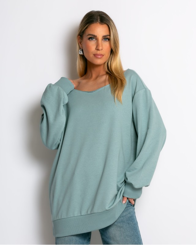 Μπλούζα φούτερ αχνούδιαστο oversized με ανοιχτή λαιμόκοψη σιέλ