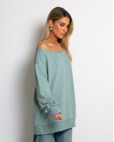 Μπλούζα φούτερ αχνούδιαστο oversized με ανοιχτή λαιμόκοψη σιέλ