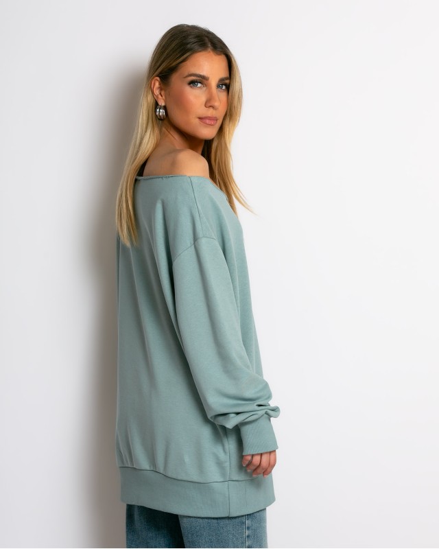 Μπλούζα φούτερ αχνούδιαστο oversized με ανοιχτή λαιμόκοψη σιέλ