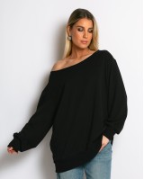 Μπλούζα φούτερ αχνούδιαστο oversized με ανοιχτή λαιμόκοψη μαύρο