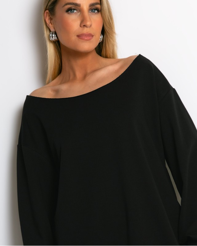 Μπλούζα φούτερ αχνούδιαστο oversized με ανοιχτή λαιμόκοψη μαύρο