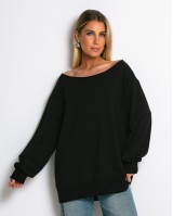 Μπλούζα φούτερ αχνούδιαστο oversized με ανοιχτή λαιμόκοψη μαύρο