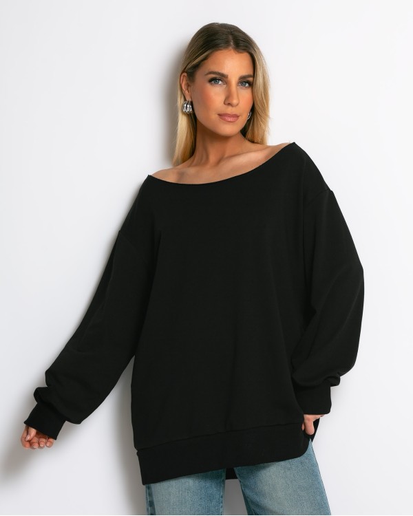Μπλούζα φούτερ αχνούδιαστο oversized με ανοιχτή λαιμόκοψη πούρο