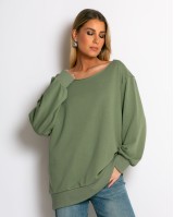 Μπλούζα φούτερ αχνούδιαστο oversized με ανοιχτή λαιμόκοψη χακί