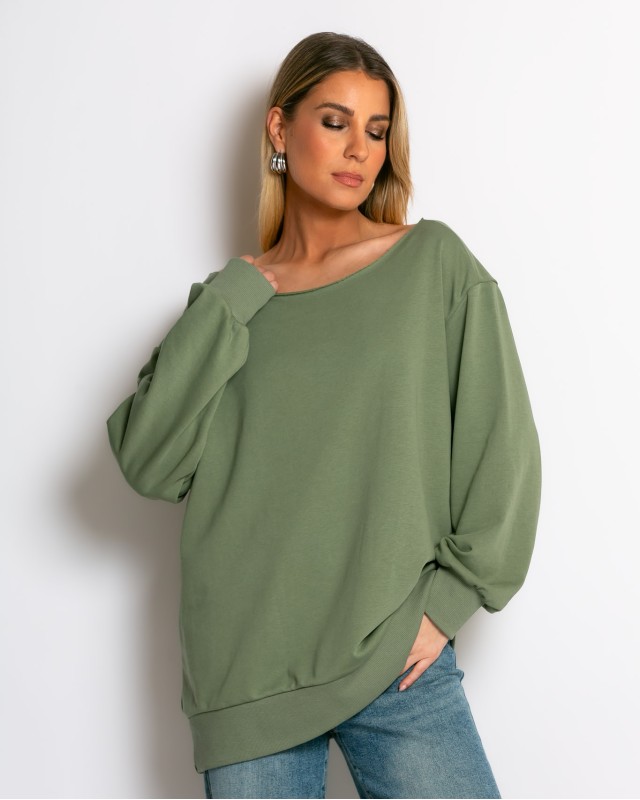 Μπλούζα φούτερ αχνούδιαστο oversized με ανοιχτή λαιμόκοψη χακί