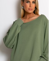 Μπλούζα φούτερ αχνούδιαστο oversized με ανοιχτή λαιμόκοψη χακί
