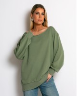 Μπλούζα φούτερ αχνούδιαστο oversized με ανοιχτή λαιμόκοψη χακί