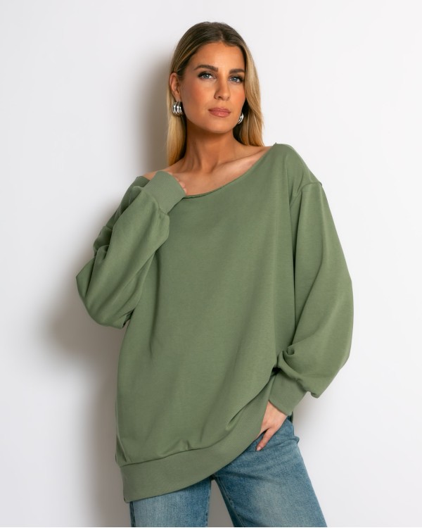 Μπλούζα φούτερ αχνούδιαστο oversized με ανοιχτή λαιμόκοψη πούρο