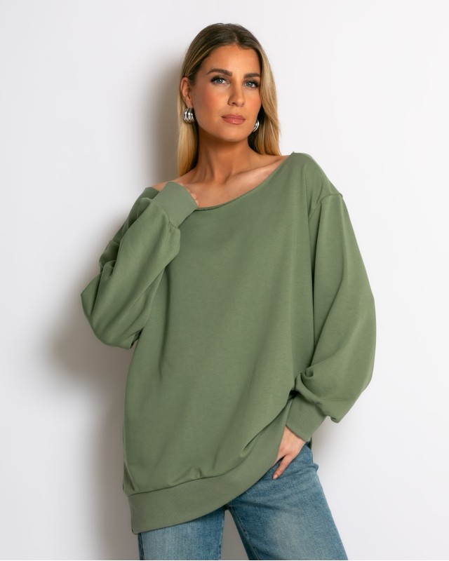 Μπλούζα φούτερ αχνούδιαστο oversized με ανοιχτή λαιμόκοψη χακί