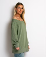 Μπλούζα φούτερ αχνούδιαστο oversized με ανοιχτή λαιμόκοψη χακί