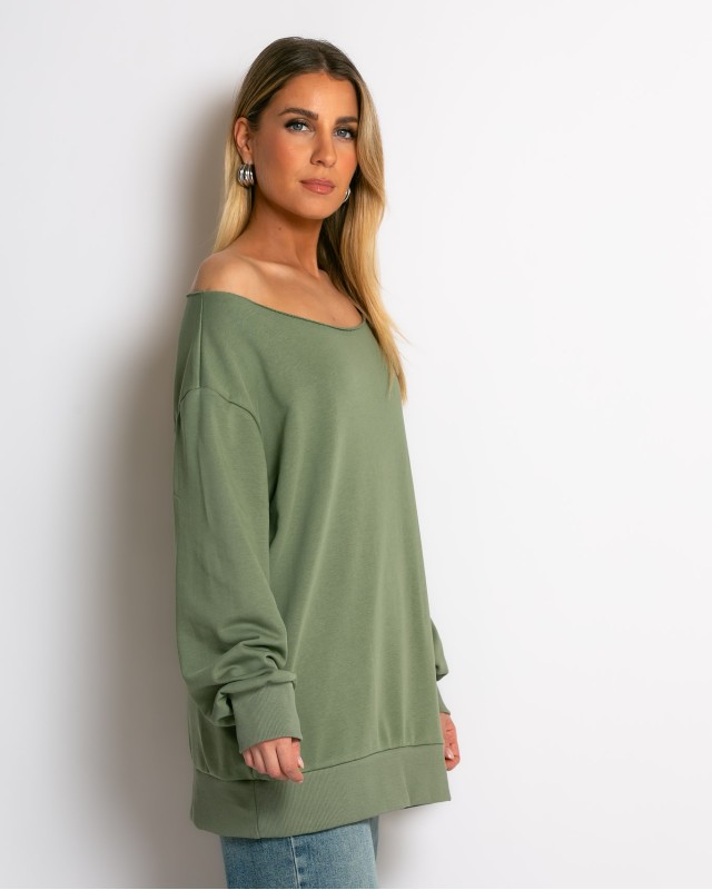 Μπλούζα φούτερ αχνούδιαστο oversized με ανοιχτή λαιμόκοψη χακί