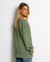 Μπλούζα φούτερ αχνούδιαστο oversized με ανοιχτή λαιμόκοψη χακί