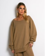 Μπλούζα φούτερ αχνούδιαστο oversized με ανοιχτή λαιμόκοψη sand