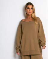 Μπλούζα φούτερ αχνούδιαστο oversized με ανοιχτή λαιμόκοψη sand