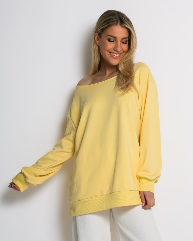 Μπλούζα φούτερ αχνούδιαστο oversized με ανοιχτή λαιμόκοψη κίτρινο