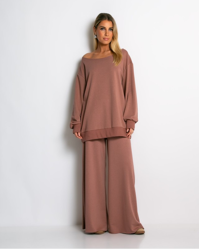 Μπλούζα φούτερ αχνούδιαστο oversized με ανοιχτή λαιμόκοψη σάπιο μήλο