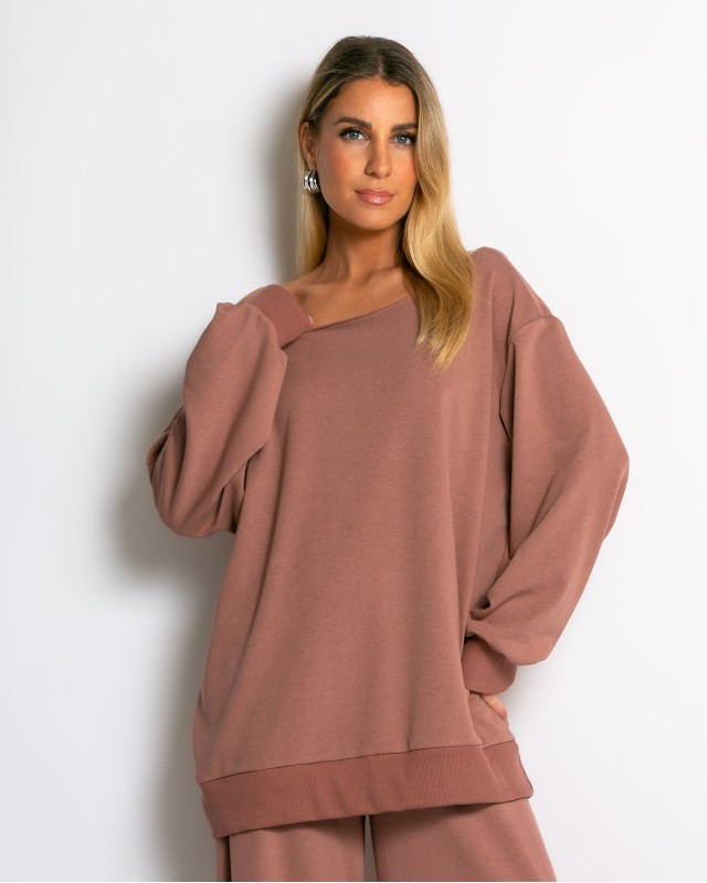 Μπλούζα φούτερ αχνούδιαστο oversized με ανοιχτή λαιμόκοψη σάπιο μήλο
