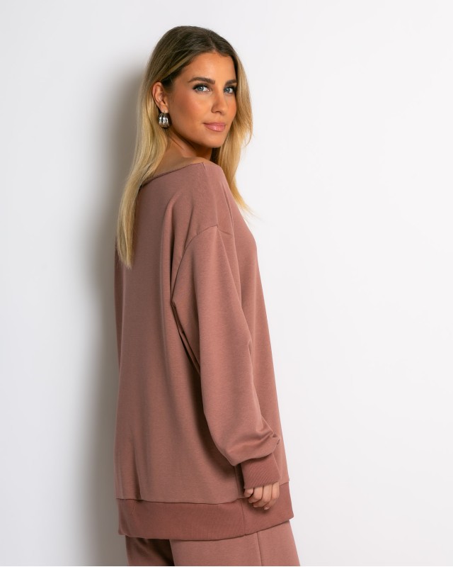Μπλούζα φούτερ αχνούδιαστο oversized με ανοιχτή λαιμόκοψη σάπιο μήλο