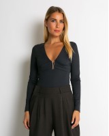 Κορμάκι μακρυμάνικο με λεπτομέρεια στο V ανθρακί