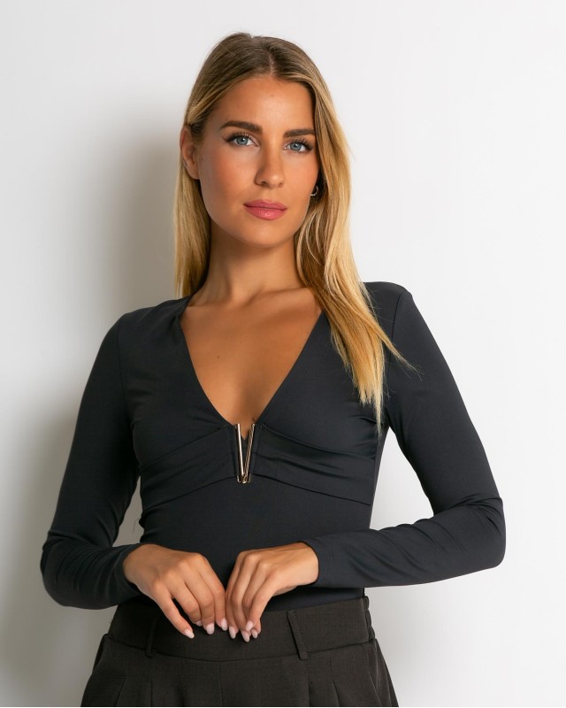 Κορμάκι μακρυμάνικο με λεπτομέρεια στο V ανθρακί