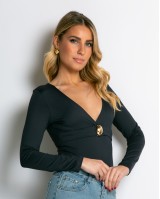 Κορμάκι μακρυμάνικο με V  & gold button ανθρακί