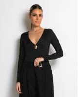 Κορμάκι μακρυμάνικο με V  & gold button μαύρο