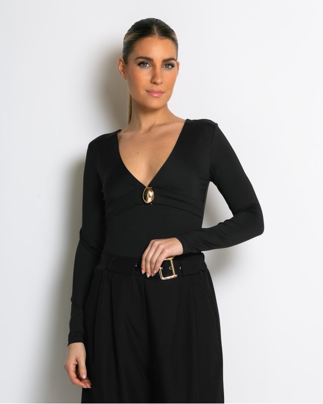 Κορμάκι μακρυμάνικο με V  & gold button μαύρο