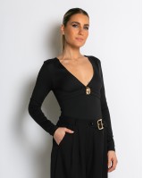 Κορμάκι μακρυμάνικο με V  & gold button μαύρο