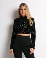 Crop top παγιέτα με φερμουάρ και βάτες μαύρο