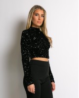 Crop top παγιέτα με φερμουάρ και βάτες μαύρο