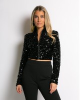 Crop top παγιέτα με φερμουάρ και βάτες μαύρο