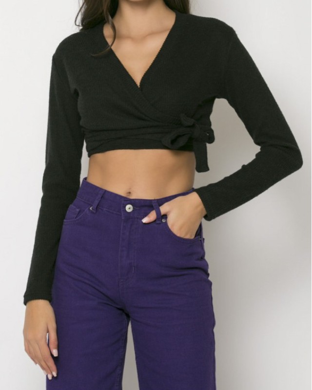 Crop top πλεκτό με δέσιμο μαύρο