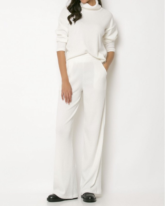 Σετ πλεκτό ριπ ζιβαγκό - παντελόνα εκρού