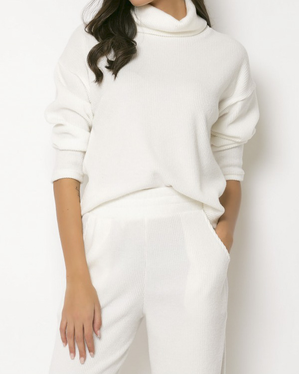 Σετ πλεκτό ριπ ζιβαγκό - παντελόνα εκρού