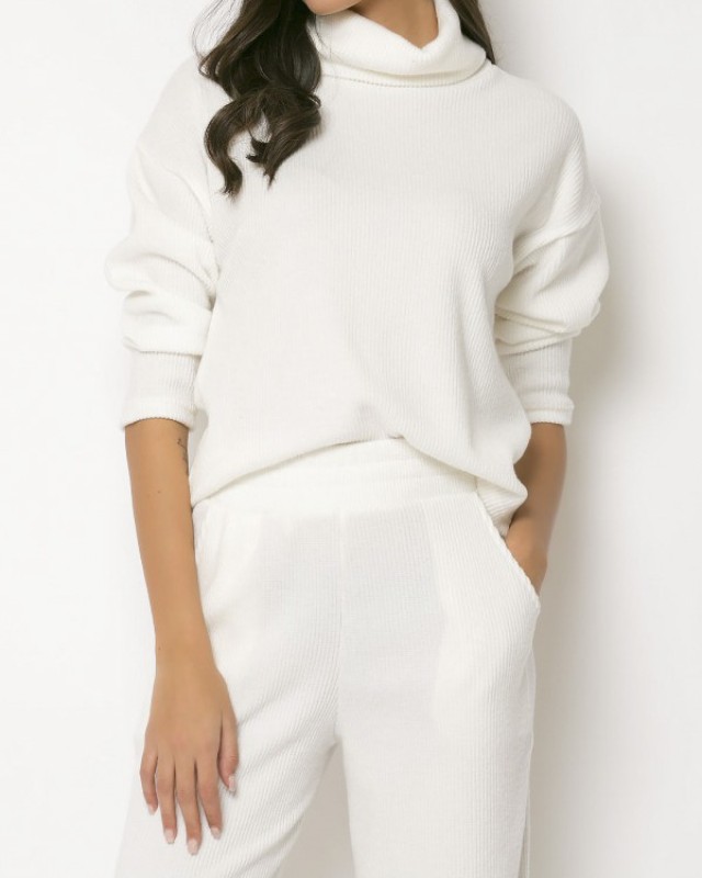 Σετ πλεκτό ριπ ζιβαγκό - παντελόνα εκρού