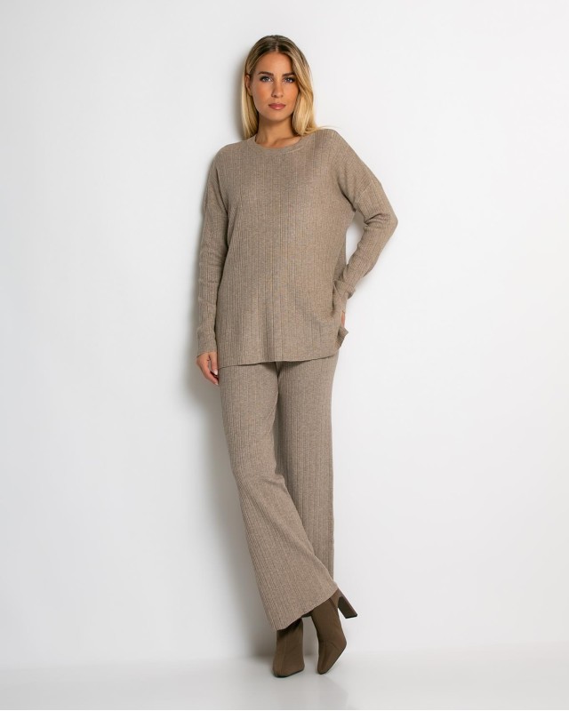 Σετ πλεκτό ριπ μπλούζα & παντελόνι με λάστιχο πούρο