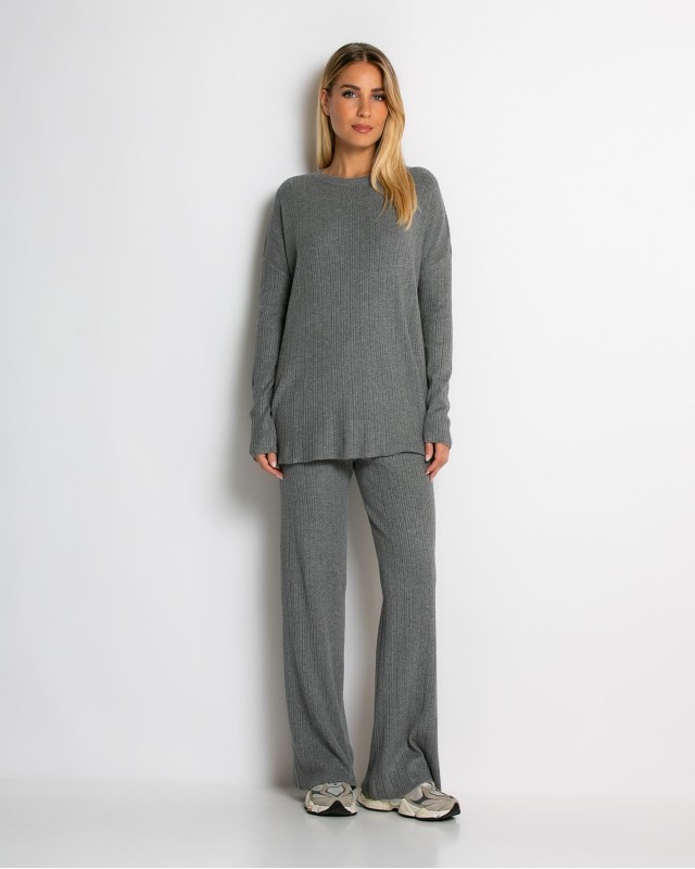 Σετ πλεκτό ριπ μπλούζα & παντελόνι με λάστιχο γκρι