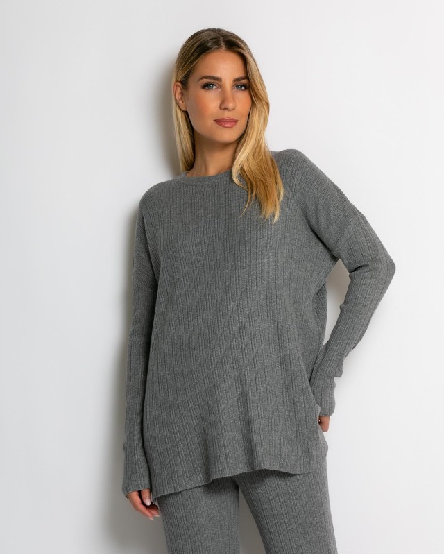 Σετ πλεκτό ριπ μπλούζα & παντελόνι με λάστιχο γκρι