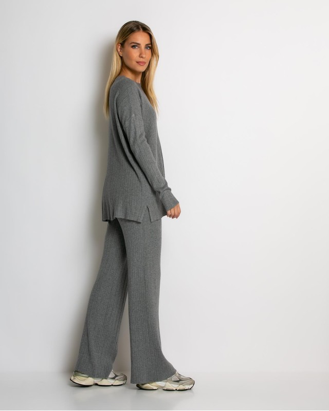 Σετ πλεκτό ριπ μπλούζα & παντελόνι με λάστιχο γκρι