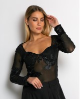 Κορμάκι με ανάγλυφα λουλούδια & διαφάνεια μαύρο