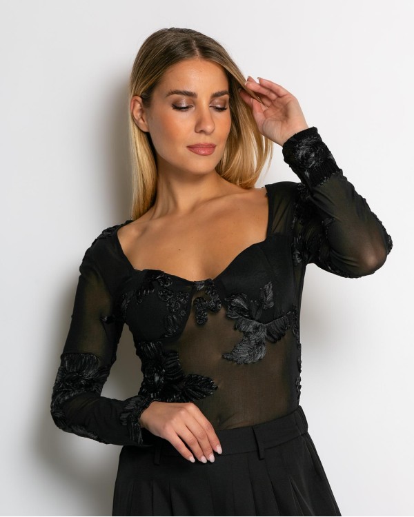 Κορμάκι με ανάγλυφα λουλούδια & διαφάνεια μαύρο