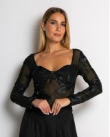 Κορμάκι με ανάγλυφα λουλούδια & διαφάνεια μαύρο